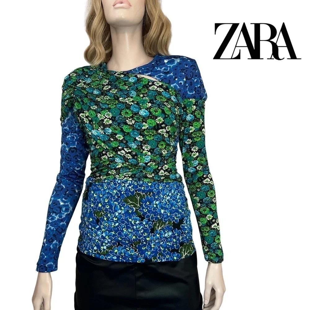 ZARA Patchwork Floral Blouse Top Keyhole Neckline Ruched Draped Cape Sleeve NWOT - Picture 14 of 16